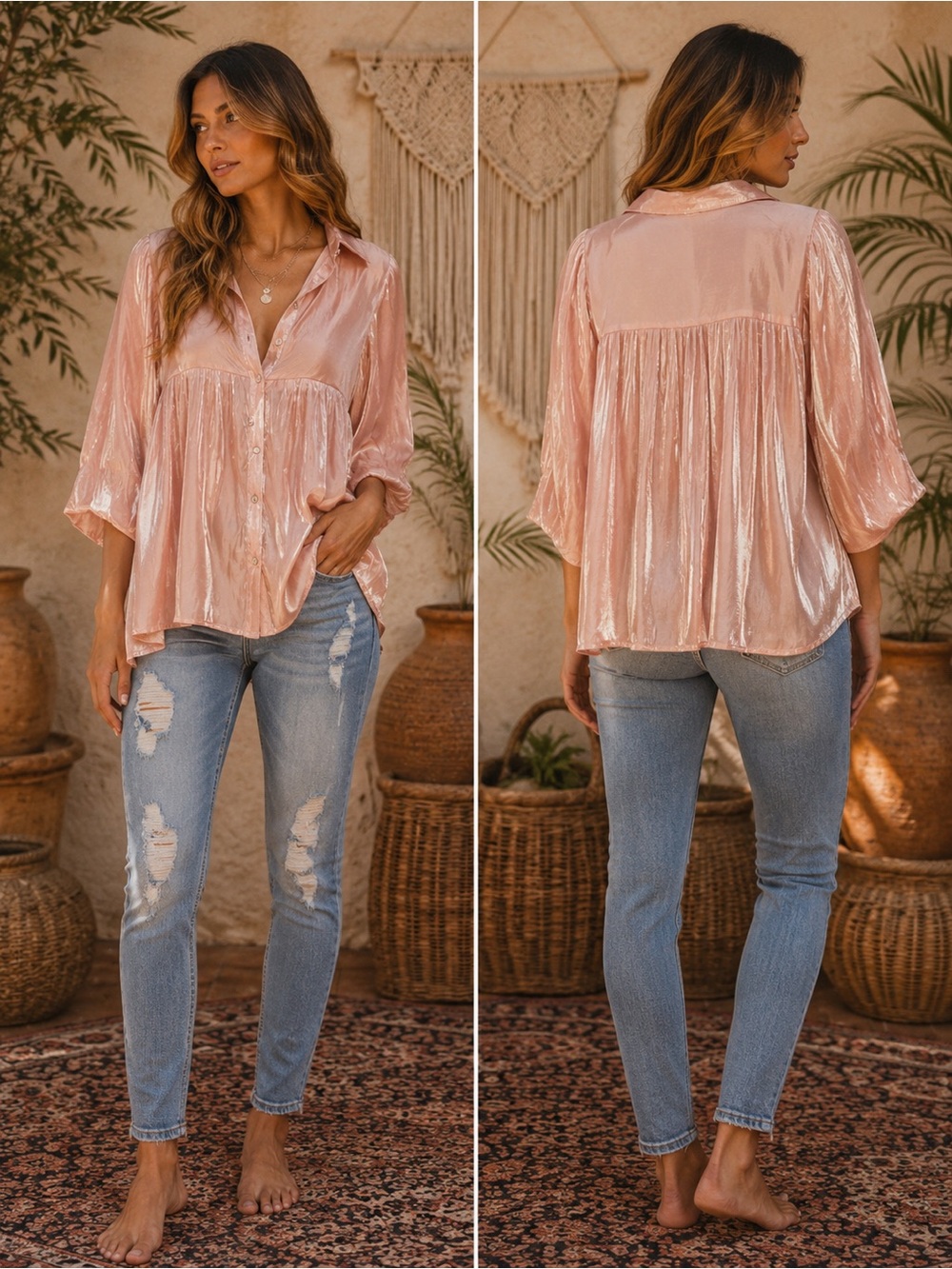Umgee Shimmering Pink Button-Front Peasant Top